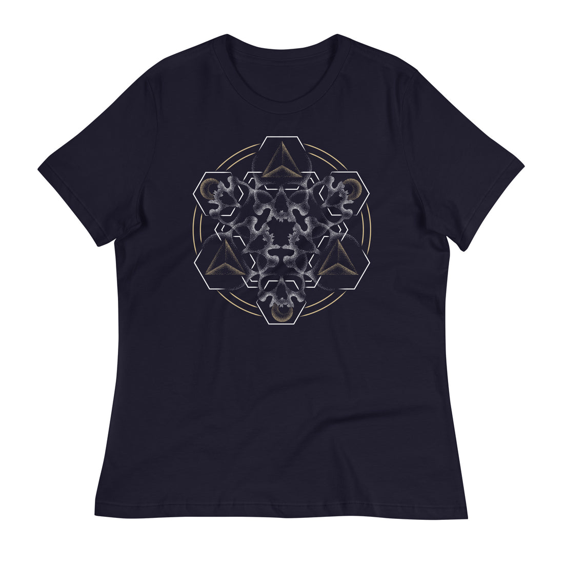 A navy t-shirt with a mandala built from white dot work skulls and gold and white geometric shapes.