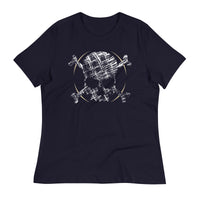 A navy blue t-shirt adorned with a roughly cross-hatched skull and crossbones in white.  Solid gold arcs give the image the impression of movement towards the end of the crossbones.