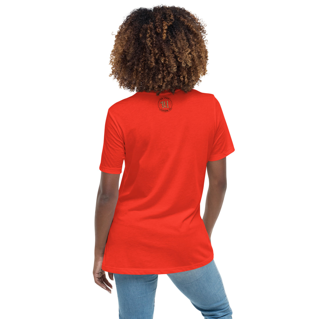 The rear view of an attractive woman wearing an Ink Union Clothing Co. poppy red t-shirt featuring the Ink Union ring logo in black and gold.