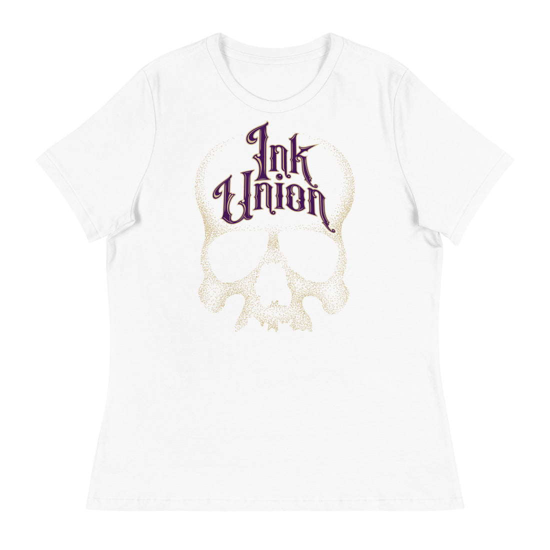 A white t-shirt adorned with a gold dot work human skull  and the words Ink Union in fancy gold and purple lettering across the forehead of the skull.