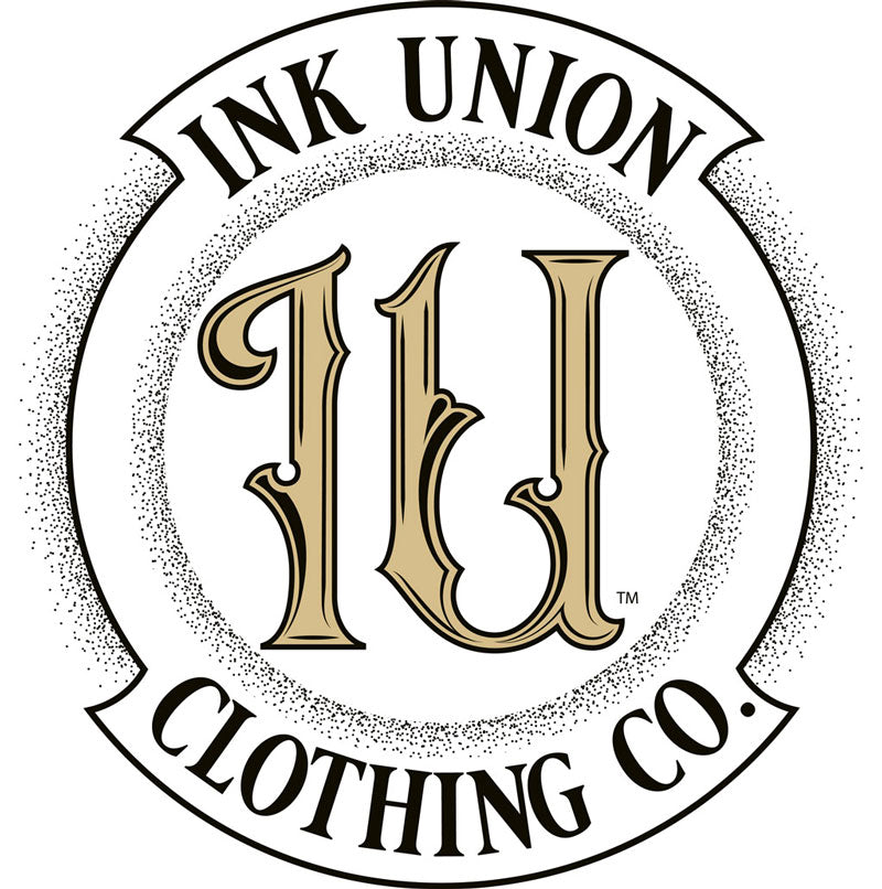 Ink Union Clothing Co. design with white background featuring ink union's black and gold badge logo centered on the front of the shirt