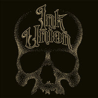 Ink Union Clothing Co. design with black background  featuring a large dot work gold skull centered on the shirt and Ink Union in large fancy gold and black script across the forehead of the skull