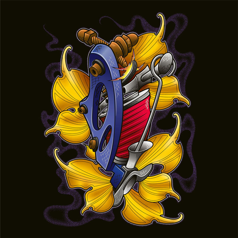 ink union clothing co. design with black background and  a blue tattoo machine with red coils surrounded by gold ginkgo leaves and  wispy purple smoke