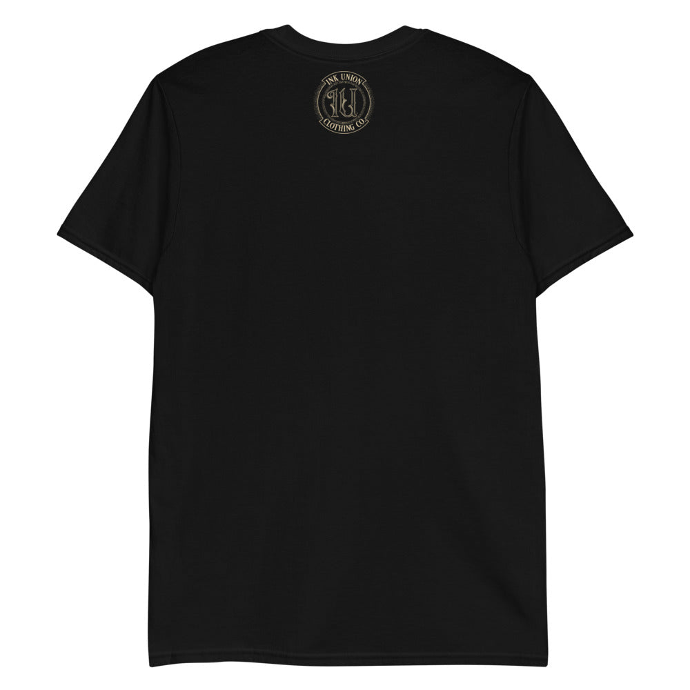 back of a black t-shirt with the ink union clothing co. gold badge logo at three inches big positioned just below the collar