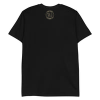 The back view of a black t-shirt with a small gold and black Ink Union badge Logo centered just under the neckline.