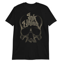 Ink Union Clothing Co. unisex black t-shirt  featuring a large dot work gold skull centered on the shirt and Ink Union in large fancy gold and black script across the forehead of the skull