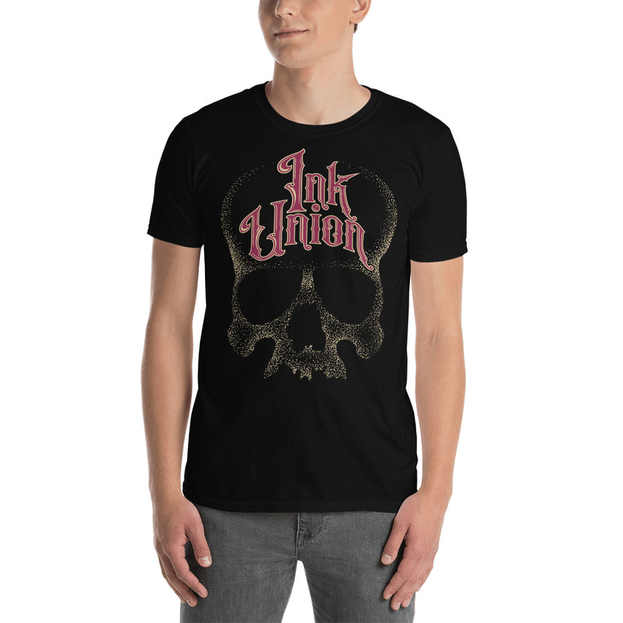 Ink Union Clothing Co. unisex black t-shirt  featuring a large dot work gold skull centered on the shirt and Ink Union in large fancy gold and red script across the forehead of the skull