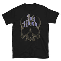 Ink Union Clothing Co. unisex black t-shirt  featuring a large dot work gold skull centered on the shirt and Ink Union in large fancy gold and blue script across the forehead of the skull