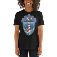 woman wearing an Ink Union Clothing Co. black T-shirt based on a classic eye of the storm tattoo.  A green eye in a purple cloud with lightning striking at a light house engulfed in a stormy sea