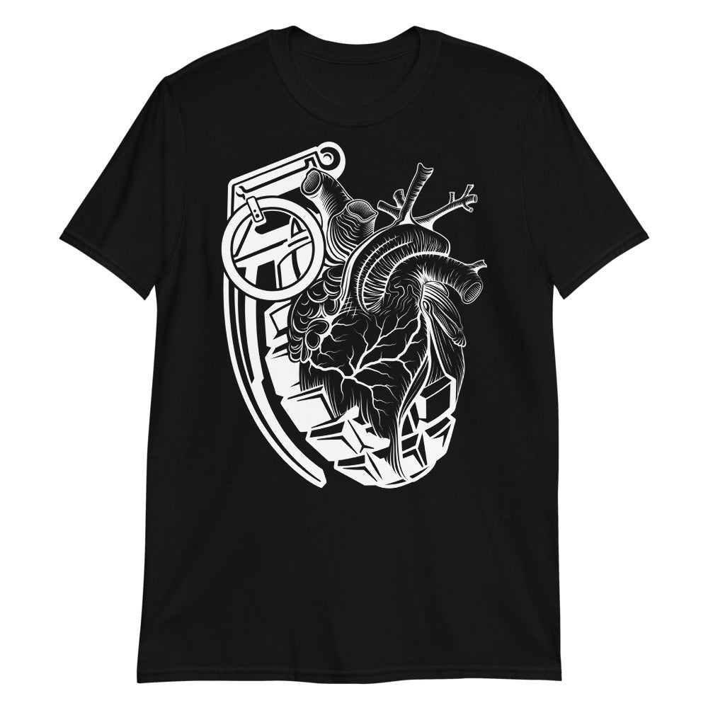 A black t-shirt with a black grenade of sold color and line work morphing into an anatomical heart drawn using line work for shading at the top right of the image.