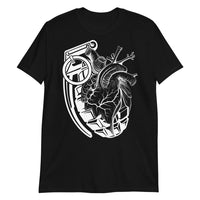 A black t-shirt with a black grenade of sold color and line work morphing into an anatomical heart drawn using line work for shading at the top right of the image.