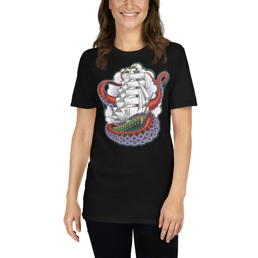 woman wearing an Ink Union Clothing Co. unisex black t-shirt featuring a clipper ship surrounded by octopus tentacles with storm clouds in the background