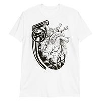 Ink Union Clothing Co. unisex white t-shirt with a grenade morphing into an anatomical heart in black