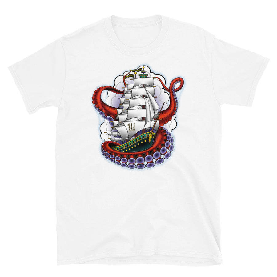 Ink Union Clothing Co. unisex white t-shirt featuring a clipper ship surrounded by octopus tentacles with storm clouds in the background