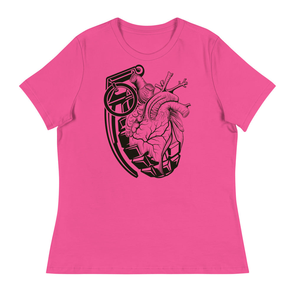Ink Union Clothing Co. women's relaxed fit pink t-shirt with a grenade morphing into an anatomical heart in black