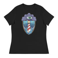 A black t-shirt with an old school eye of the storm tattoo design of large dark purple storm clouds at the top of the design with a green eye in the middle of the clouds.  Below the clouds is an oval shape with brown rope. Inside the rope are stormy seas and lightning striking at a lighthouse that is white and red striped like a barber pole.