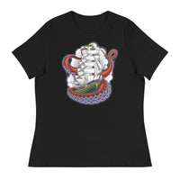 Ink Union Clothing Co. women's relaxed fit black t-shirt featuring a clipper ship surrounded by octopus tentacles with storm clouds in the background