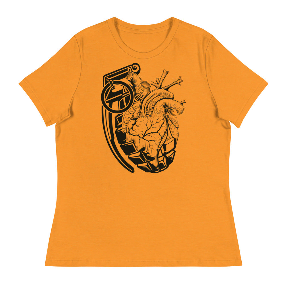 Ink Union Clothing Co. women's relaxed fit yellow-orange t-shirt with a grenade morphing into an anatomical heart in black