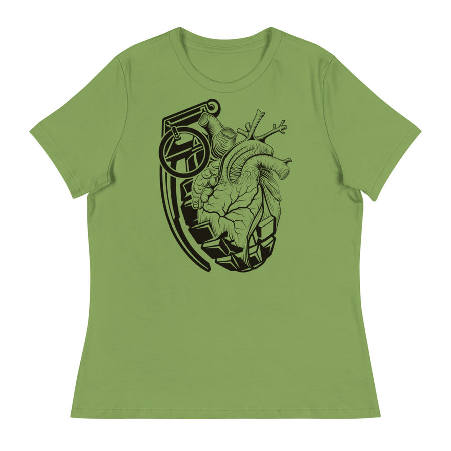 Ink Union Clothing Co. women's relaxed fit green t-shirt with a grenade morphing into an anatomical heart in black
