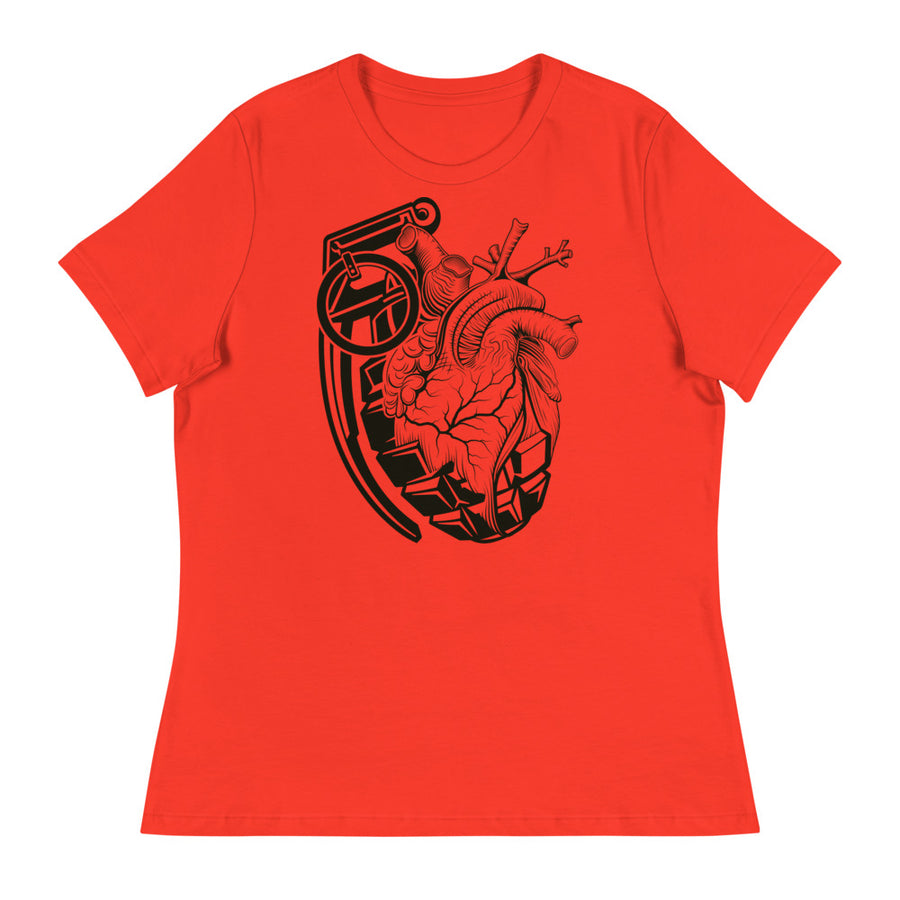 Ink Union Clothing Co. women's relaxed fit poppy red t-shirt with a grenade morphing into an anatomical heart in black