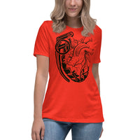 An attractive women wearing an Ink Union Clothing Co. women's relaxed fit poppy red t-shirt with a grenade morphing into an anatomical heart in black