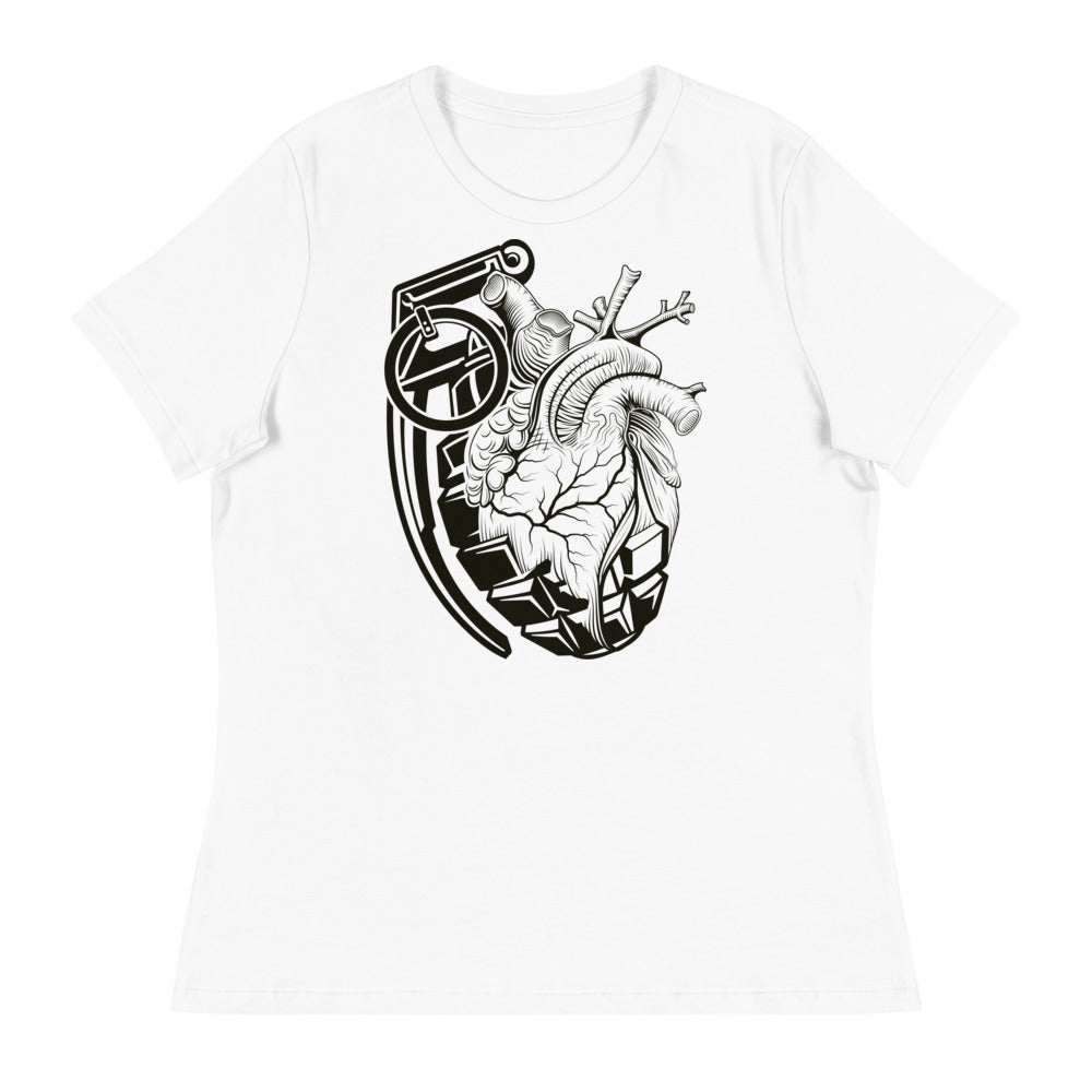 Ink Union Clothing Co. women's relaxed fit white t-shirt with a grenade morphing into an anatomical heart in black